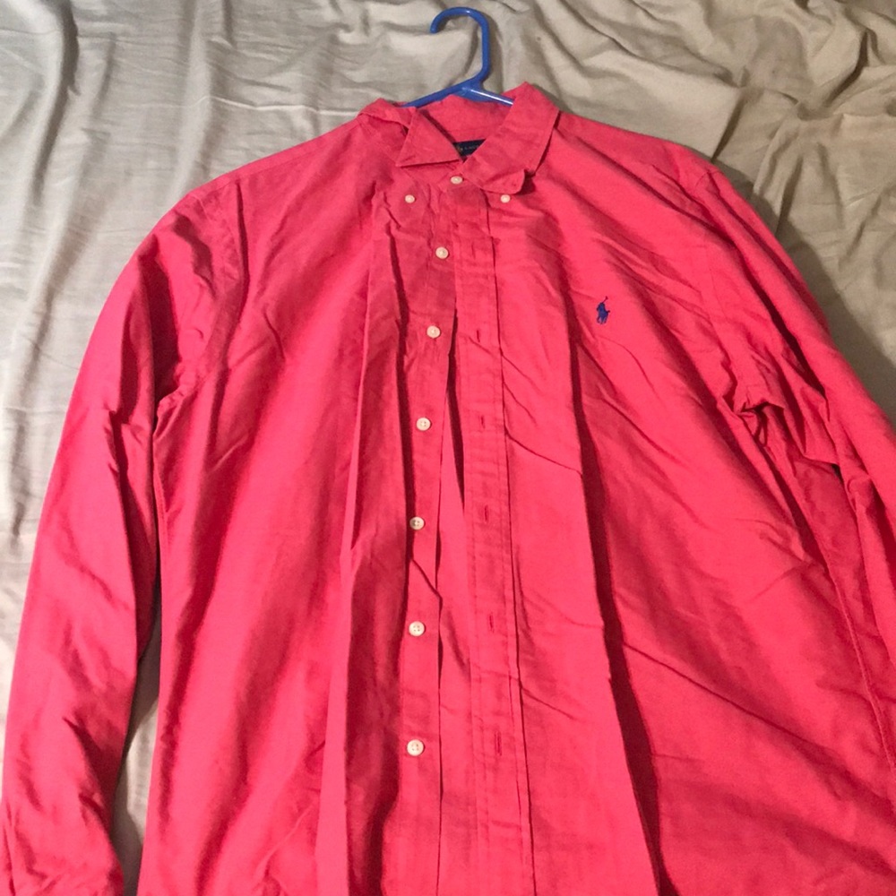 Pink button down with navy blue horse
